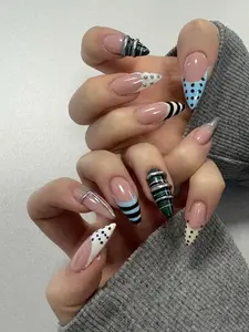 Y2K Edgy Press On Nails, Stripe Polka Dot Chrome Nails, Cool Tone Stiletto Nail Set