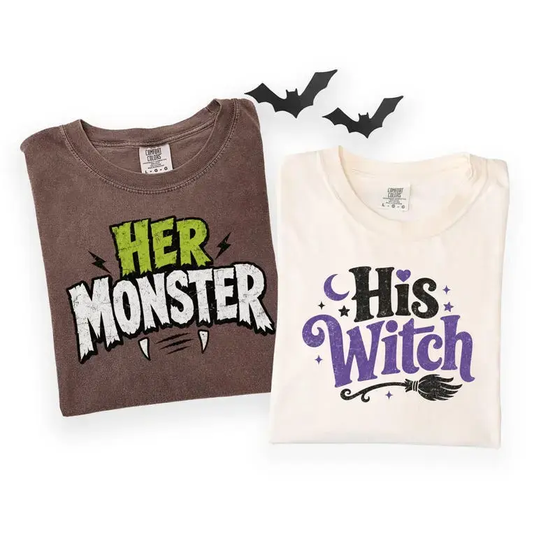 Comfort Colors His Witch Her Monster Matching Couple Shirt, Funny Halloween Couples T-Shirt, Spooky Season Matching Graphic Tee, Boyfriend Girlfriend Gift,Couples Halloween Tee, Couples Spooky Season, Spooky Couples Tee
