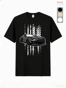 American Soul Awakens! Mustang Flag Short Sleeve, Casual Floral Pattern, Breathable Comfort, Fitted Style, Street Atmosphere