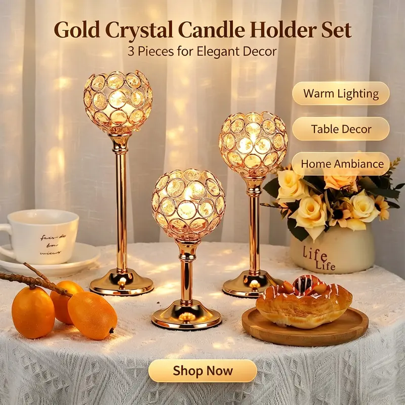 Glam 3-Piece Bling Crystal-Iron Decorative Candle Holders - Gold Luxe Finish, Tall Votive Tealight Holders, Anti-Rollover Bling Bowl Candelabras, Durable Table Centerpiece, Art Deco Indoor Living Room Wedding Decor for Warm Lighting (Candles Not Included)