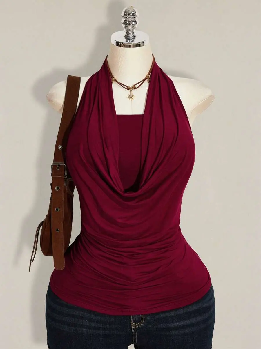 Plus Size Halter Tank Tops - Backless 2 Piece Knit Camis with Asymmetrical Hem for Night Out