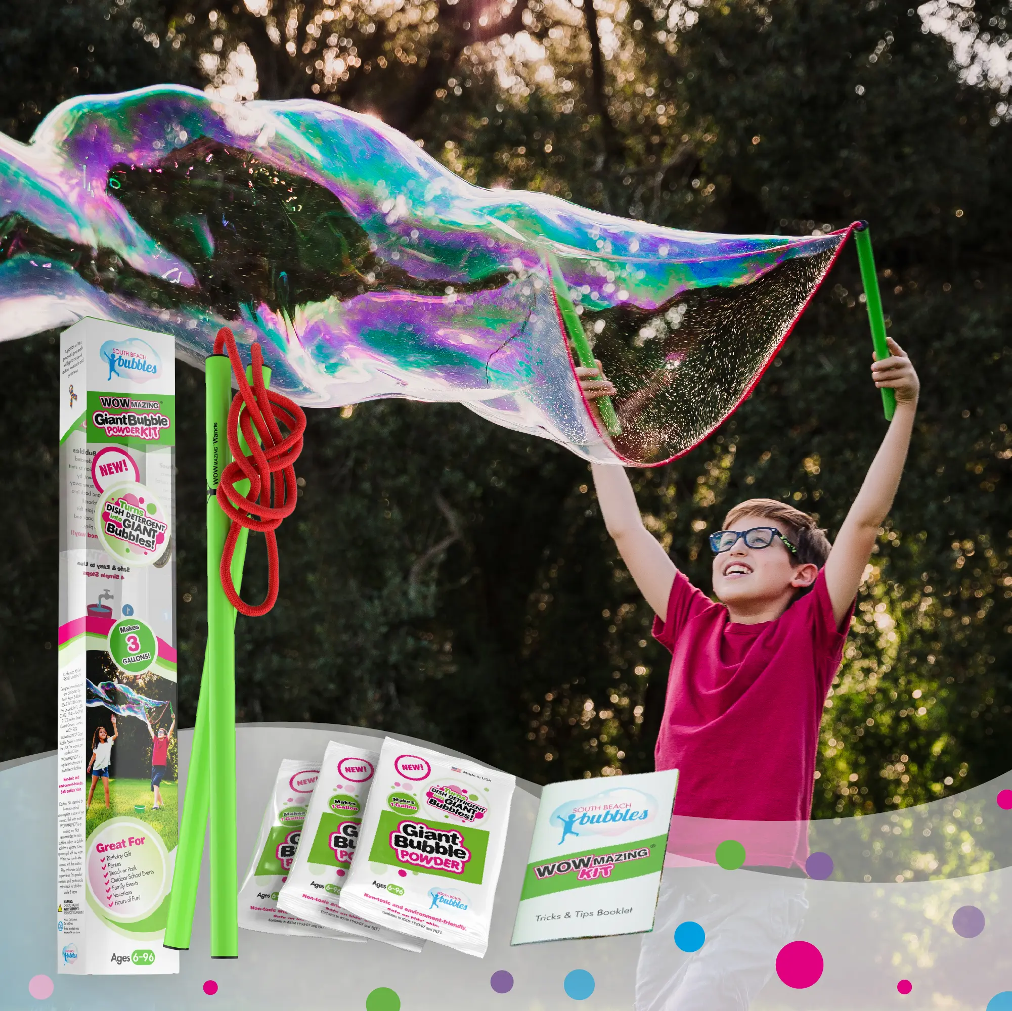 WOWmazing Giant Bubble Powder Kit: Include Large Bubble Wand and 3 Packet of Big Bubble Powder (Makes 3 Gallons) |  Powder Made in USA