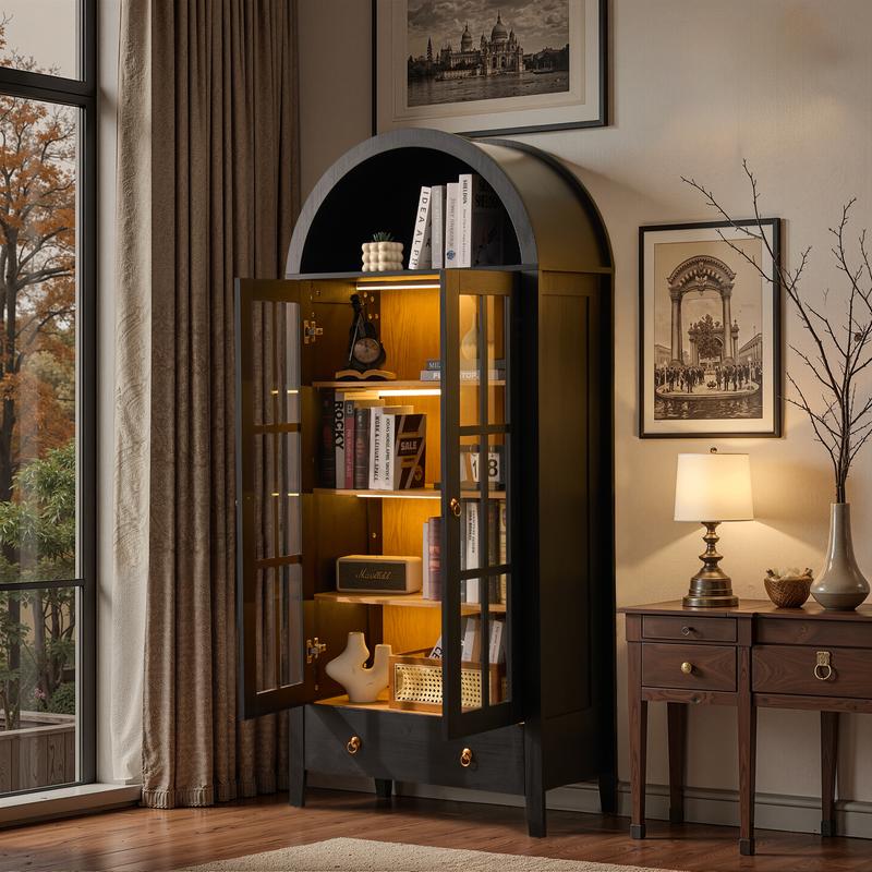 【Jumpstart Sale】71" Tall Arched Kitchen Pantry with Magnetic LED Lights, Modern Farmhouse Wood Kitchens Storage Cabinets with Large Drawers and Glass Door, Versatile Cupboard for Kitchen, Dining Room, Bathroom, Livingroom