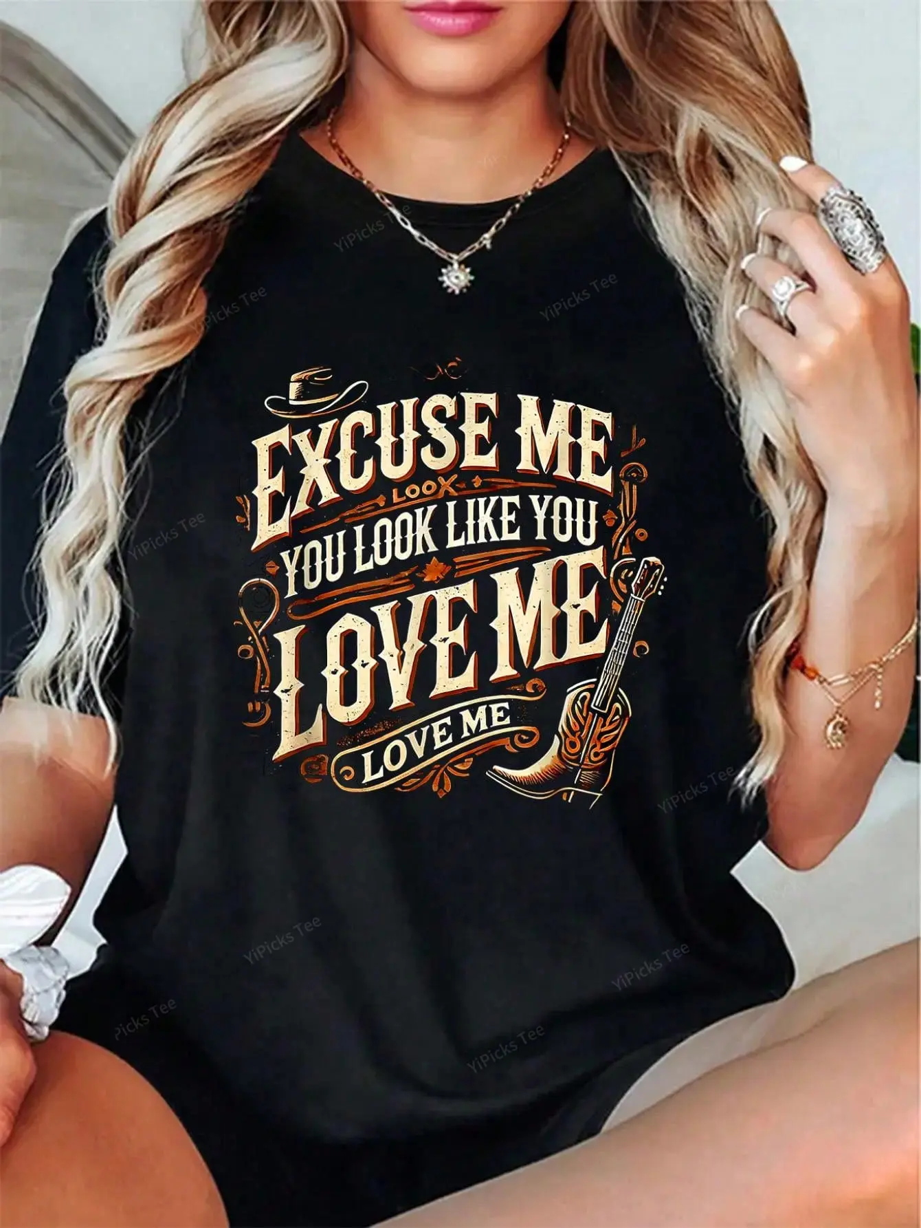 Women's "Excuse Me You Look Like You Love Me" MEME Cute Graphic T-Shirt - Casual Round Neck Clothes, Loose Short-Sleeve Streetwear, Summer Festival Outfits, Style