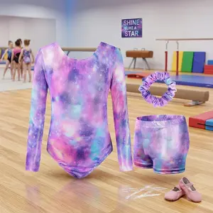 Girls' Sparkly Long Sleeve Leotard with Shorts - Gymnastics Dance Ballet Tumbling Outfit for 3-12 Years, Comfortable Stretchy Breathable Performance Wear for Kids Toddlers Children's Activewear Costume
