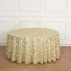 Tulle Round Tablecloth 120" Gold with Sequin Leaf Embroidered Design - Seamless Sheer Decor for Weddings, Galas & Events