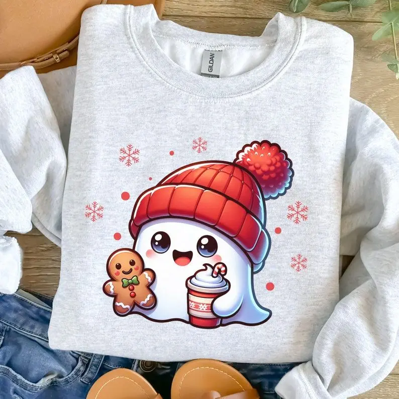 Festive Ghost Christmas Sweatshirt Hoodie or Tee, Cute Kawaii Holiday Spirit with Gingerbread Cookie, Funny Winter Outfit, Xmas Gift Idea, Made in USA.LKD