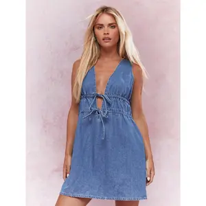 MISSGUIDED Bow Detail Plunge Neck Denim Sleeveless Mini Dress