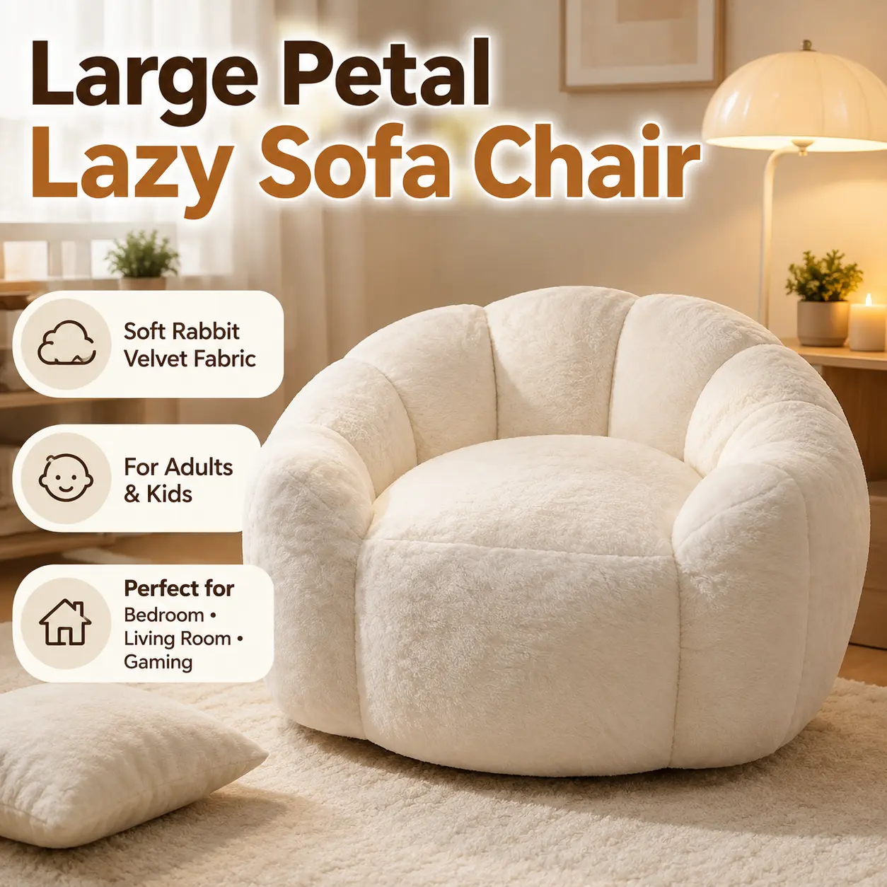 Cloud Chair Lazy Sofa Chair Faux Fur Accent Chair, Large Petal Single Seat with Soft Faux Rabbit Velvet, Comfy Lounge Chair for Adults and Kids, Bedroom Chair Living Room Chair Gaming Chair Reading Chair