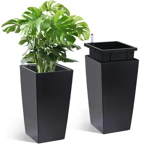 [FLASH SALE] Garvee 16 Inch Tall Rectangular Planters Set of 2 Large Modern Plant Pots with Drainage Holes＆Water Level Monitor＆Wheels Outdoor and Indoor for Patio, Porch, Living Room, or Home Office, Black