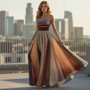 Elegant Sleeveless Strapless Pleated Maxi Dress - Rainbow Gradient Stripe High Waist Lightweight Polyester Fabric Flowy Comfy Casual Party Gown | Flattering Womenswear