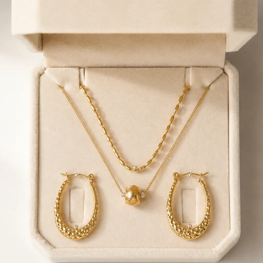 Women's 2-Piece Gold Jewelry Set - Layered Barrel Pendant Necklace & Chunky Hoop Earrings, 18K Gold-Plated Stainless Steel, Tarnish-Proof Hypoallergenic Dainty Jewelry for Female Daily Commute