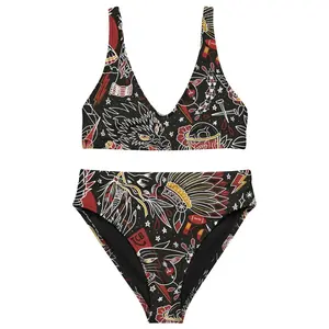 KC Tattoo High Waisted Bikini, Women’s Two Piece Swimsuit, Trendy Tattoo Style Beachwear, Summer Vacation Swimwear for Pool Days, Resort Travel and Beach Getaways
