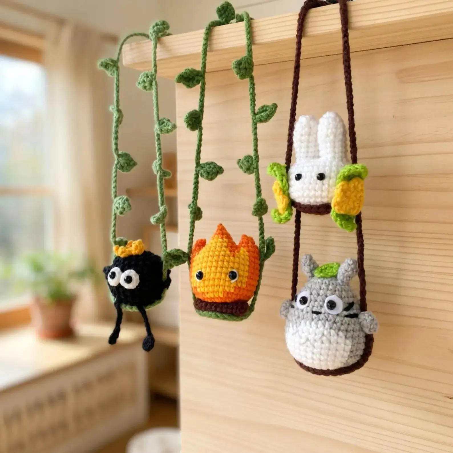 Anime Crochet Car Hanging, Studio Ghibli Inspired Car Charm, Totoro Soot Sprite Swing Decor, Rear View Mirror Accessory, Handmade Gift
