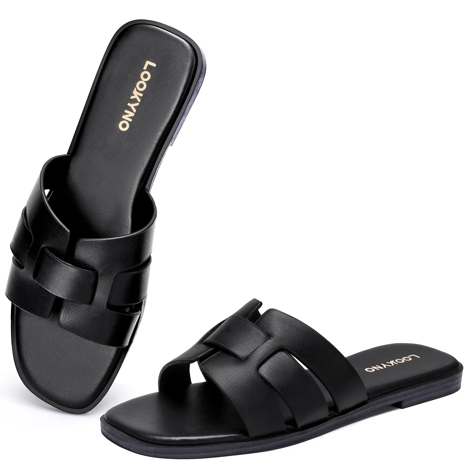 Women's PU Leather Slip-On Flat Sandals - Classy, Square Toe, Open Sided, Comfortable Footbed Sandals for Summer Beach Casual Wear, Mother’s Day Gift Option