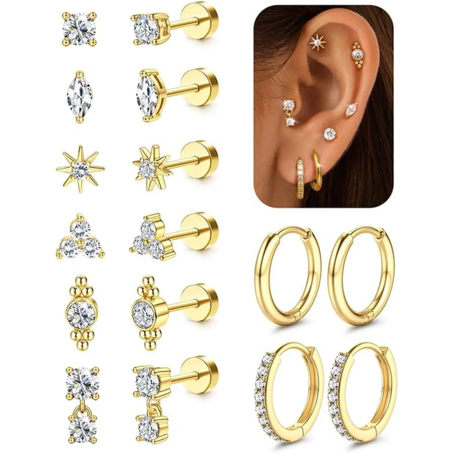CASSIECA 20G Flat Back Earrings Cartilage Earring Sets for Multiple Piercing Surgical Stainless Steel Earrings for Women Trendy Earring Stacks Small Huggie Hoops Flatback Stud Earrings Set Ear Studs, Fashion Earrings