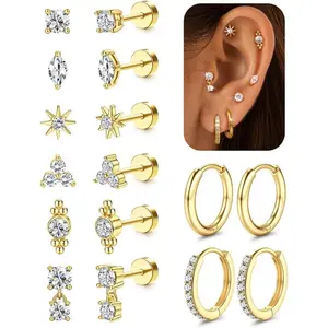CASSIECA 20G Flat Back Earrings Cartilage Earring Sets for Multiple Piercing Surgical Stainless Steel Earrings for Women Trendy Earring Stacks Small Huggie Hoops Flatback Stud Earrings Set