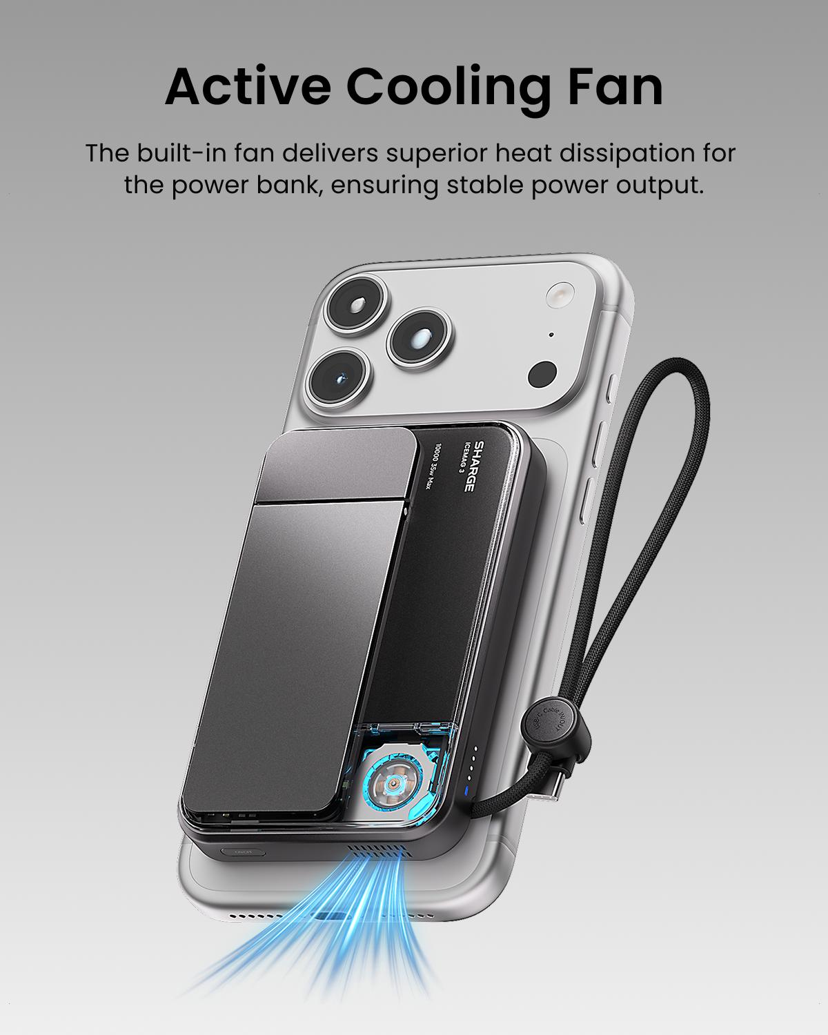 SHARGE ICEMAG 3 MagSafe Portable Charger, Qi2.2 25W Magnetic Power Bank 10000mAh 35W USB-C Fast Charging, with Active Cooling& Built-in Cable, Transparent RGB Design for iPhone 17e/16/15 Series