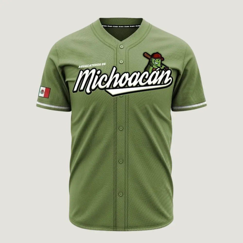 Aguacateros de Michoacan Olive Green Baseball Jersey – Mexico Heritage Fan Button-Up Shirt, Vintage Baseball Style, Breathable Athletic Sports Top, Gift for Mexican Baseball Fans