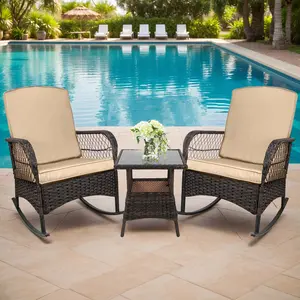 LEVELEVE 3pcs Pistachio PE Wicker Outdoor Rocking Chairs & Glass Table Bistro Set for Porch, Lawn, Garden, Backyard, Deck