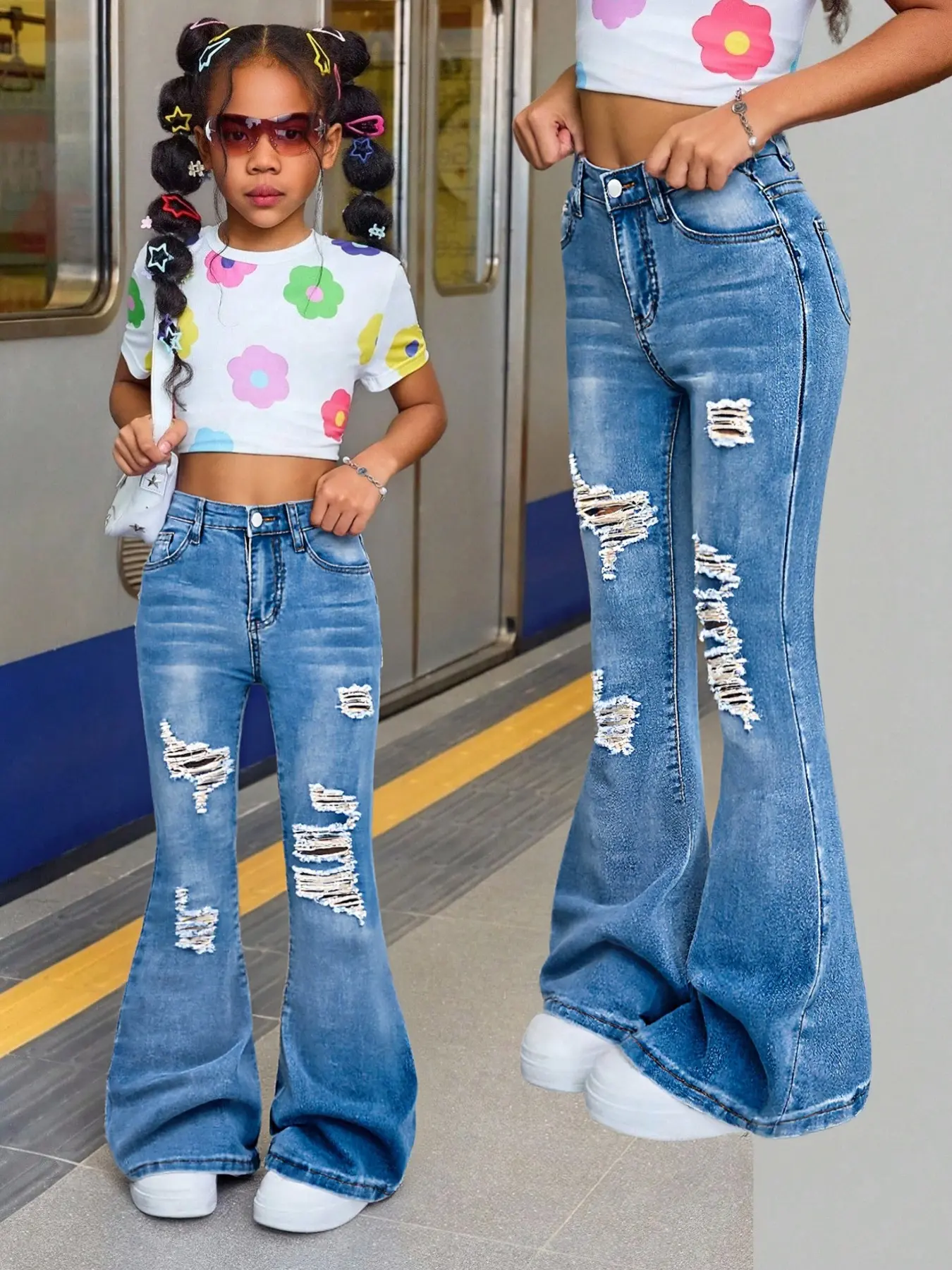 Fashionable Girl's High Waisted Jeans, Bell-Bottom Style Elastic Fabric, Ripped Design, Distressed Destroyed Jeans, Distressed Jeans, Casual Fitted Pants, All Seasons Wear, Plain Pattern, Denim Jean, Trendy Jeans