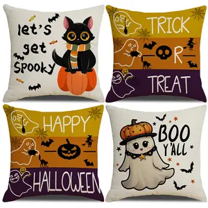 Halloween Cushion Covers Set, Ghost Spider Cat Design, Zipper Closure, Home Decor Sofa Car Outdoor Seat Pad, 45x45cm (17.72x17.72 Inch), 4 Pcs