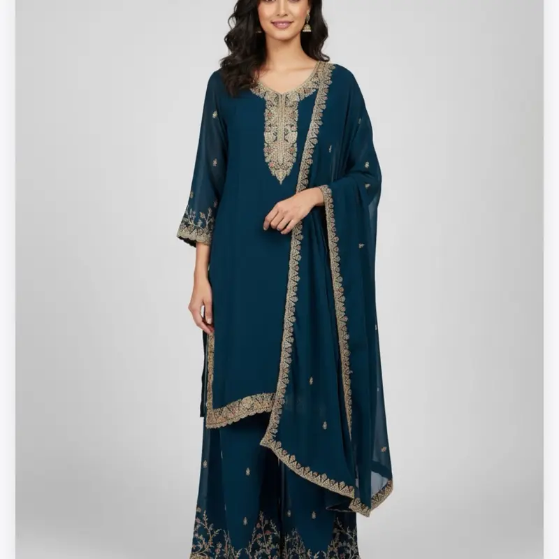Embroidery Work in Kurta Pant and Dupatta Heavy Work Plazo Perfect for Any Occasions Women's Fashion Dress Womenswear Elegant Asian Suit