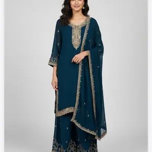 Embroidery Work in Kurta Pant and Dupatta Heavy Work Plazo Perfect for Any Occasions Women's Fashion Dress Womenswear Elegant Asian Suit