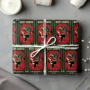 Krampus Theme Christmas Gift Wrap, Retro Evil Xmas Wrapping Paper, Dark Santa Holiday Paper Sheets, Horror Christmas Gift Ideas, Gothic Folklore Christmas Wrapping Paper