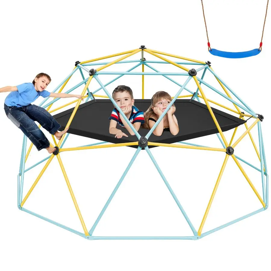 VEVOR 10FT Geometric Dome Climber, Outdoor Backyard Jungle Gym Play Equipment for Kids 3-10 Years Old, with Climb Grips, Hammock, Swing, 750LBS Support, Easy Assembly