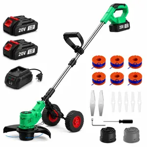 20V Cordless String Trimmer with Wheels, Battery Powered Lawn Edger & Grass Trimmer, Adjustable 43-51in Telescopic Shaft, 2 Rechargeable Batteries, 3-in-1 Cutting System with Line Spools, Plastic & Metal Blades, Yard Garden Lawn Care Tool