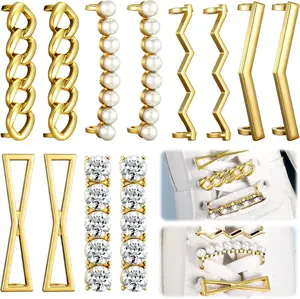 12 PCS Shoelace Charms for Sneakers, 6 Pairs Gold DIY Decorative Shoe Clips, Faux Crystal Pearl Rhinestones Shoes Accessory for Women Casual Shoes