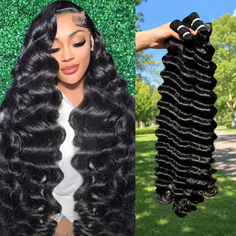 Raw Deep Wave Human Hair Bundles Virgin Human Hair 100g/pc Double Drawn Thick Ends Ultra-Flat Seamless Weft Quick Weave Extensions 1/3 Bundles raw hair vendor#DealsForYouDays