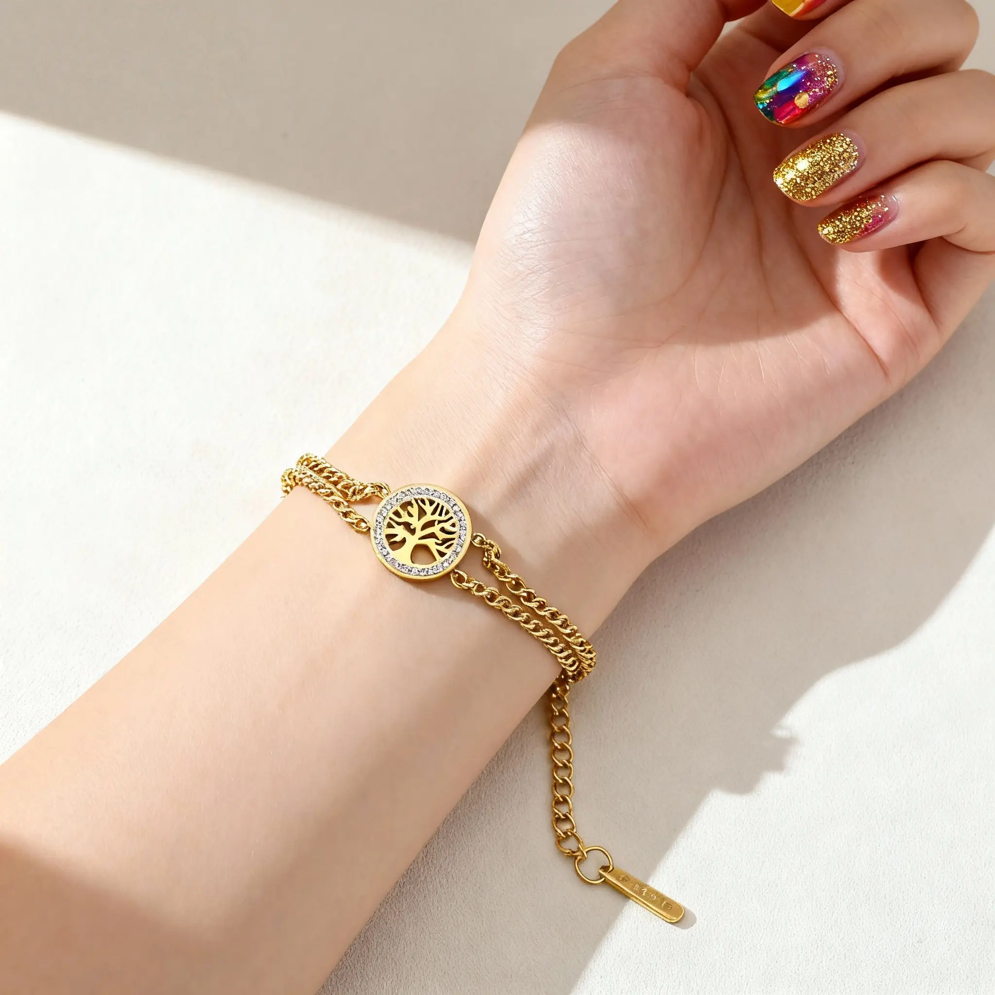 Gold Plated Tree of Life Bracelet Accessory Hypoallergenic Elegant Geometric Design Bangle Bracelet stainless steel chunky blingy things shop something extra Couples' Permanent Bracelet Kit Layered Rhinestone Pocket Chain couple gift girl jewelry
