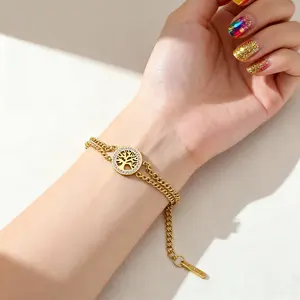 Gold Plated Tree of Life Bracelet Accessory Hypoallergenic Elegant Geometric Design Bangle Bracelet stainless steel chunky blingy things shop something extra Couples' Permanent Bracelet Kit Layered Rhinestone Pocket Chain couple gift girl jewelry