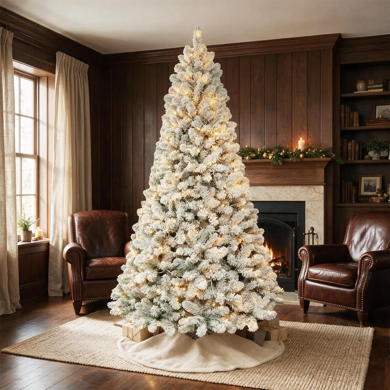 6ft/7ft Premium Pre-lit Flocked Snow-Dusted Christmas Tree Series — Warm White LEDs (200/300 lights), Lush Foliage (636/1048 tips), Hinged Construction, and Sturdy Metal Stand