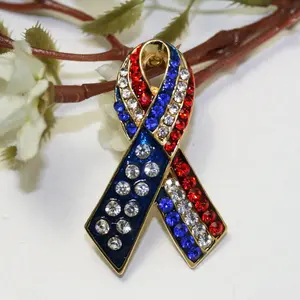 Patriotic Rhinestone American Flag Ribbon Brooch,  Red White Blue Ribbon Pin, 4th July Independence Day Jewelry