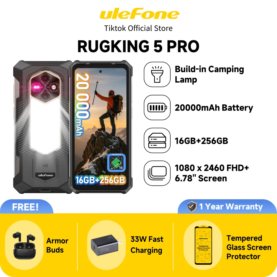 Ulefone RugKing 5 Pro 20000 mAh Battery 16GB+256GB Android 16 Rugged Phone, 6.78" 60Hz Display Tough Smartphone, 64MP+20MP+ 18MP Camera, Built-in Back Camping Light, NFC/ 4G Dual SIM/Widevine L1 - Black