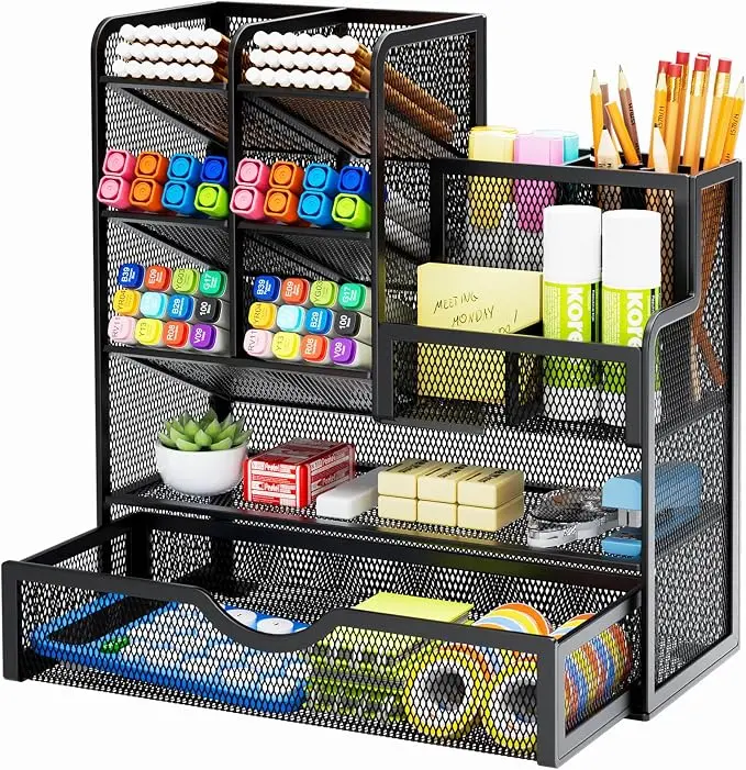 Multi-Function Mesh Pencil Organizer with Drawer – Desktop Storage for Office Supplies, Stationery & Accessories (Black)