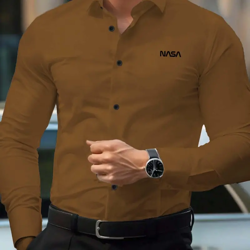 Men's Regular Fit Solid Letter Print Long Sleeve Button Front Shirt, Casual Party Shirt, Casual Business Top for Fall & Winter, Men's Longsleeves Clothes for Daily Wear, Casual Stylish Menswear, Casual Business Style, Casual Stylish Clothing