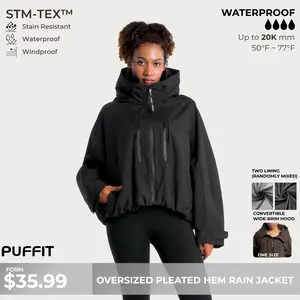 【Restocked】PUFFIT STM-TEX Short One-Size Rain Jacket With Pleated Hem,Hooded Jacket,Waterproof Jacket,Women Jacket,Wide-Brim Hood,Adjustable Cuffs,Zips,Outdoor Sport,Jacket,Statements,Windbreaker,Spring,Dog Walking,School Running,Football Mum,Stylish