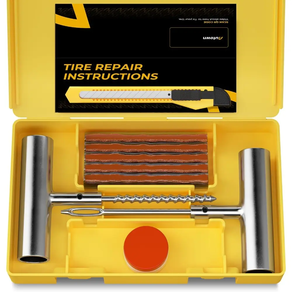 Autown 15 Pcs Heavy-Duty Tubeless Tire Patch Repair Kit with Plugs, Car & Motorcycle ATV Tire Repair Tools - Easy Puncture Fixing, Shock Absorption, Flexibility, Customer Service Support, Tire Plugs, Steel
