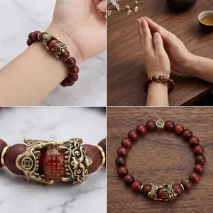 Letitdao Lightning-Struck Wood Auspicious Beast Golden Bracelet - Thunder Energy, Enhances Fortune, Golden Protection, Wealth Locking Black Agate