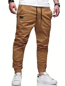 Tiktok Shop Store Men'S Clothing Clothes Men'S Men'S Solid Color Patched Drawstring Waist Jogger Pants, Loose Casual Pocket Trousers For Daily Wear, Fashion Men'S Bottoms For All SeasonsGift