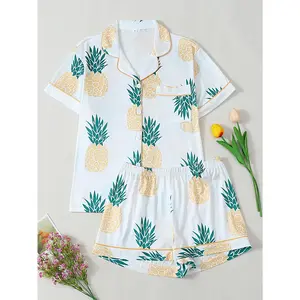 Dopamine Tropical Fruit Pajamas for Women Summer, Short Sleeve & Short Pants Lapel Cardigan Loungewear, Heart Pattern Pineapple Print Contrast Gold Trim, Casual Sweet 2-Piece Homewear for Daily & Outdoor Wear
