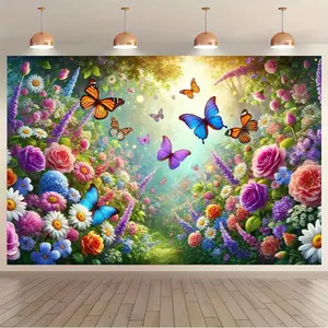 Summervibes 2D Flat - 2D Flat - 1pc 2D Backdrop Banner Featuring a Scene with Butterflies And Flowers, Suitable for Various Photography Needs. Made from Polyester Fabric, It Can Be Used for Decorating Livi,summervibes
