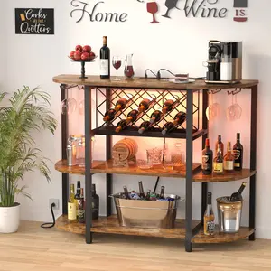 Wine Rack Table with Socket & LED Light, Adjustable Wine Rack, Floor Bar Cabinet for Liquor & Glasses, Wood Coffee Bar Table, FreeStanding Sideboard & Buffet Cabinet, 200lbs Capacity furniture