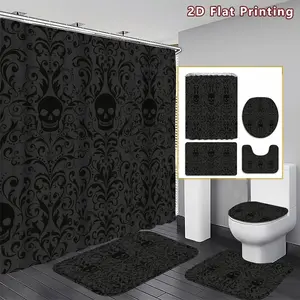 4PCS Skull Ornament Shower Curtain set, Dark Gray and Black Floral Skull Bathroom Decor, Accessories with Bath Mat, U-shaped Mat, Toilet Lid Cover, 12 Hooks 180x180cm Curtain, Gothic Aesthetic, Home Decor, bathroom accessories