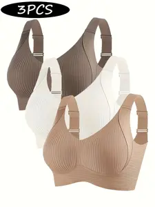 3/6 Pcs Plain Bralettes, No Underwire, Wireless, Adjustable Wide Straps, Soft Full Coverage, Casual Fitted Lined, Medium Support, All Seasons