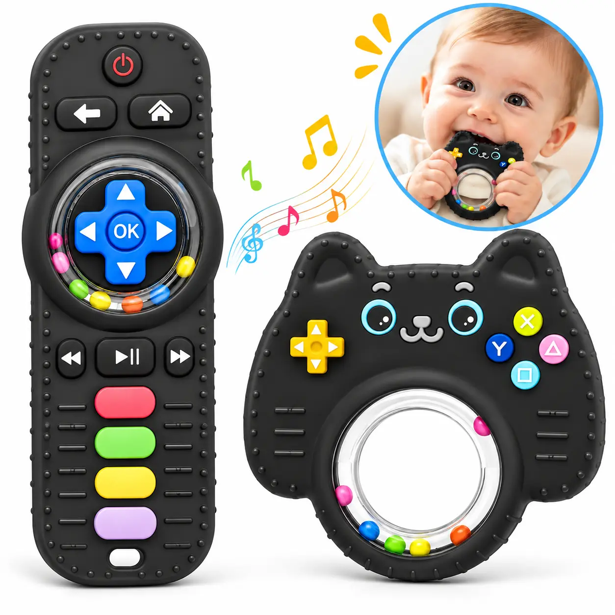 2-Pack Baby Teething Toys, Silicone Remote Control & Phone Teethers with Colorful Buttons and Rattle Beads, Soft Chew Toys for Infants, Newborns & Babies 3–24 Months